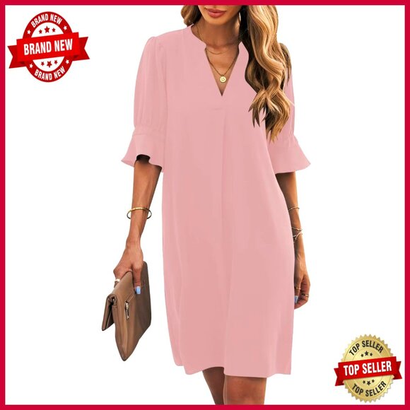 Dresses & Skirts - V Neck Shift Dress Short Sleeves Casual Flowy Summer Polyester Soft Lightweight